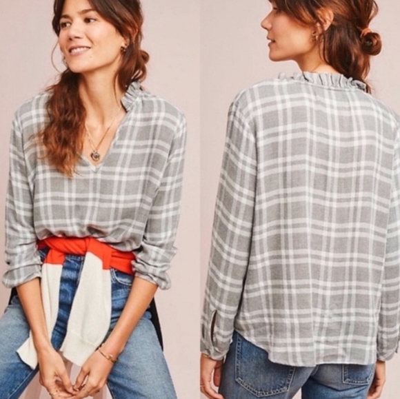 Anthropologie Cloth & Stone Plaid Ruffle Collar Top - Picture 2 of 13